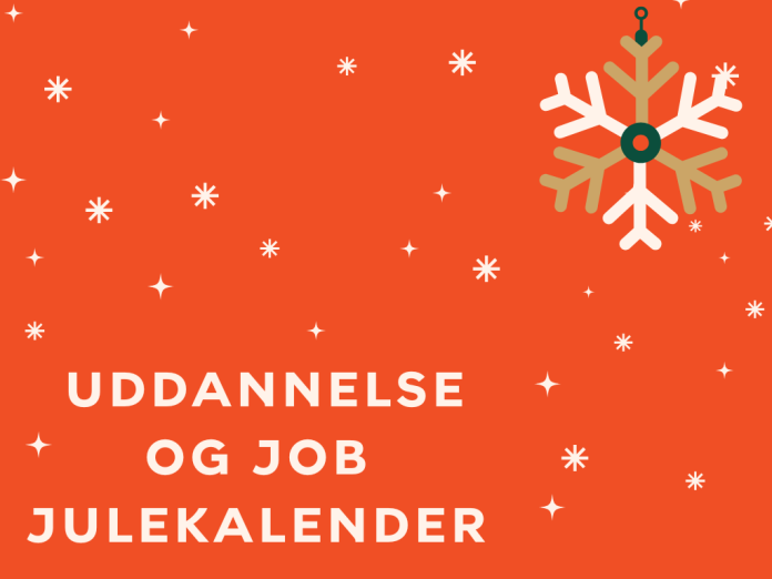 Rød baggrund med teksten "uddannelse og job julekalender" med snefnug og stjerner omkring
