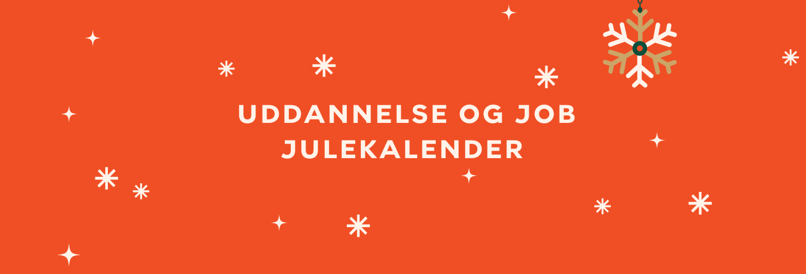 Rød baggrund med teksten "uddanelse og job julekalender" med stjerner og snefnug omkring